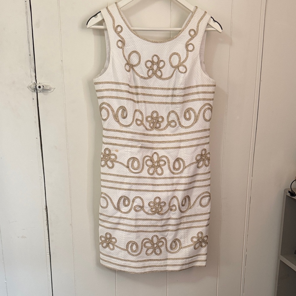 Lilly Pulitzer Elegant White and Gold Embroidered Dress